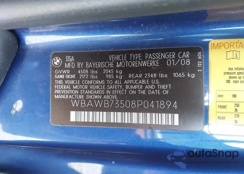 2008 BMW 335I из США, поврежденный, VIN WBAWB73508P041894